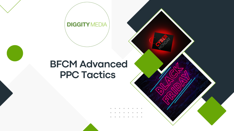 A digital marketing strategy graphic illustrating advanced PPC tactics for Black Friday and Cyber Monday campaigns.